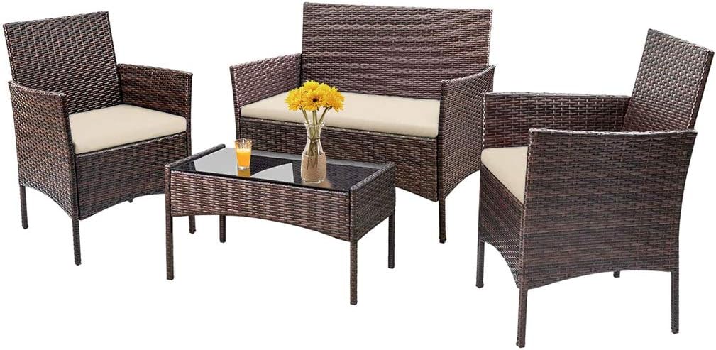 FDW 4-Piece Patio Furniture Set | Brown & Khaki | Outdoor Wicker Furniture