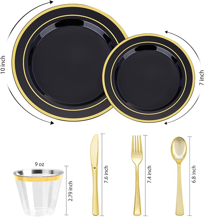 BESTVIP 600PCS Black Gold Dinnerware Set for 100 Guests, Plastic Plates for Halloween Party and Christmas, 100 Disposable Plates, 100 Dessert Plates, 100 Cups, 100 Spoons, 100 Forks and 100 Knives