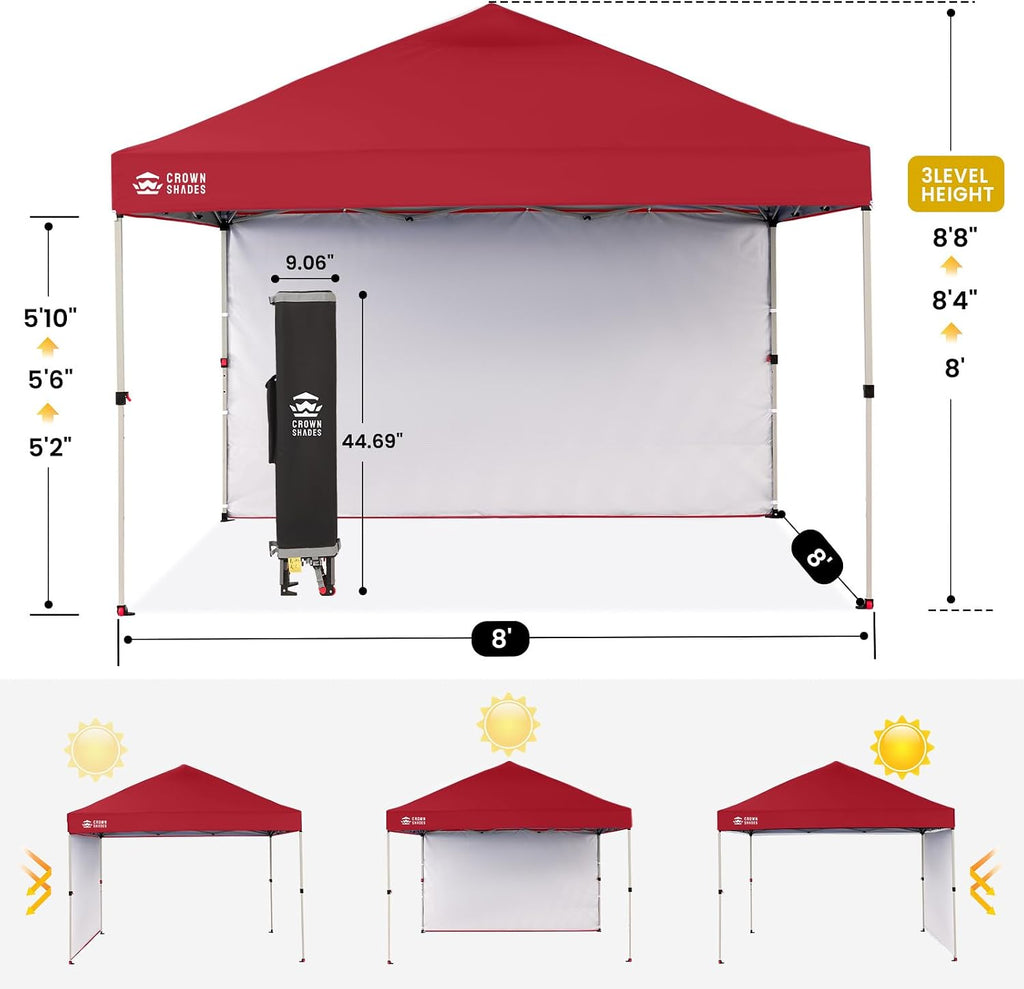 CROWN SHADES 8x8 Pop Up Canopy with 1 Side Wall, Beach Canopy Tent, Red