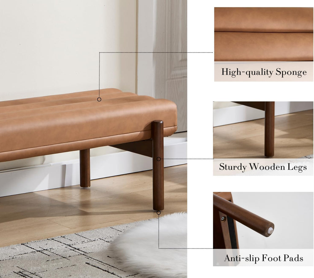 EALSON 47 Inch Entryway Bench Leather Upholstered End of Bed Bench Bedroom Bench with Cylindrical Cushion and Walnut Legs Modern Comfy Long Ottoman Bench for Bedroom Living Room, Brown