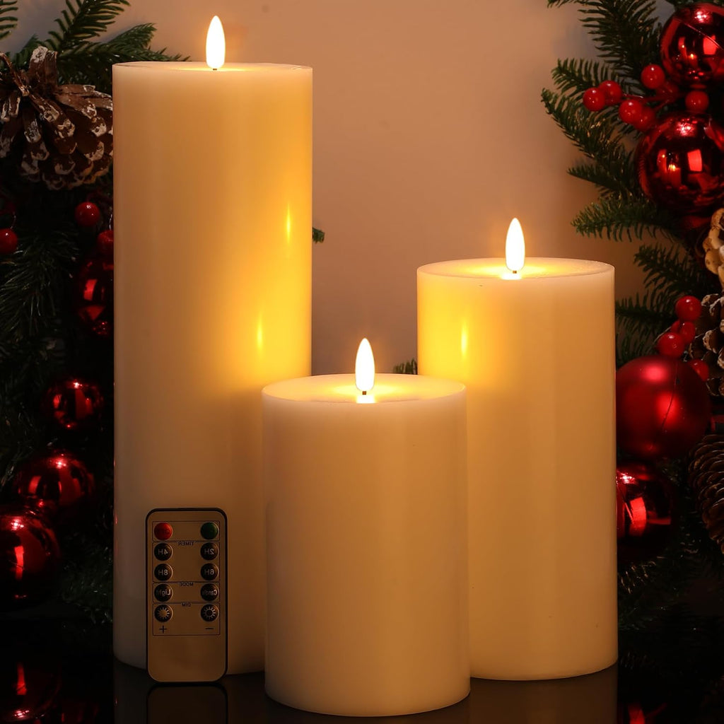 Retisee 3 Pcs White 6/8/12 Icnhes Flameless LED Candles with Remote and 2/4/8h Timer Battery Operated Wax Flickering Candles for Wedding, Christmas, Church, Chapel, Memorial and Meditation Decor