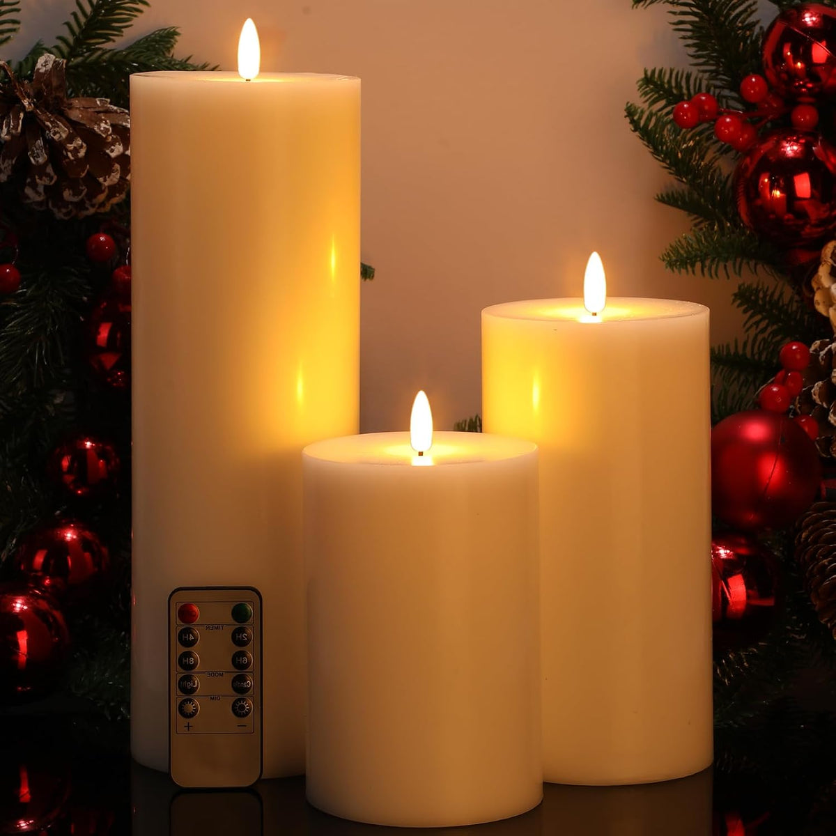 Retisee 3 Pcs White 6/8/12 Icnhes Flameless LED Candles with Remote and 2/4/8h Timer Battery Operated Wax Flickering Candles for Wedding, Christmas, Church, Chapel, Memorial and Meditation Decor