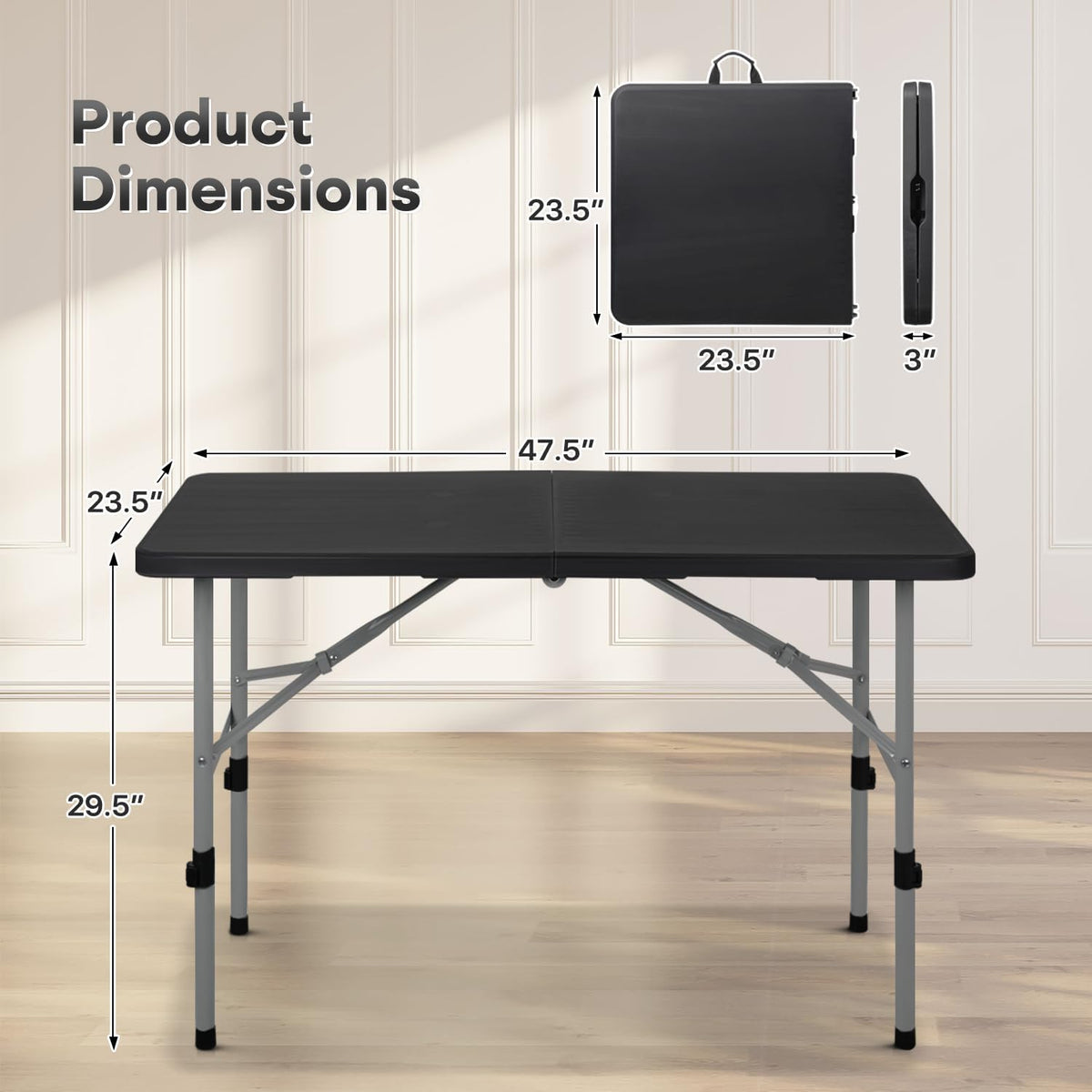 Athena Collection 4ft Folding Table Plastic Fold-in-Half Table, Black
