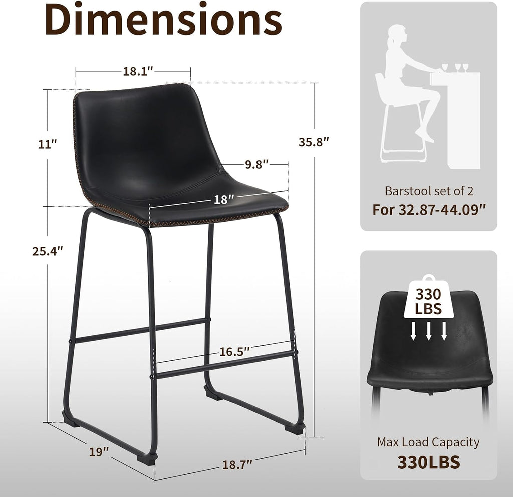 STOOLINK Counter Height Bar Stools Set of 2, 26 Inch Faux Leather Bar Stool