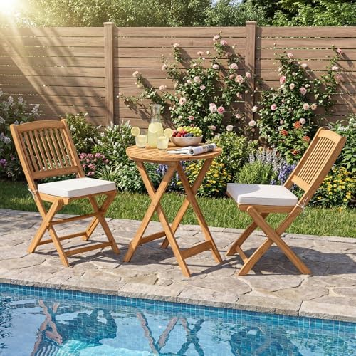 GIANTEX 3 Pieces Acacia Wood Bistro Set, Outdoor Folding Table & Chairs