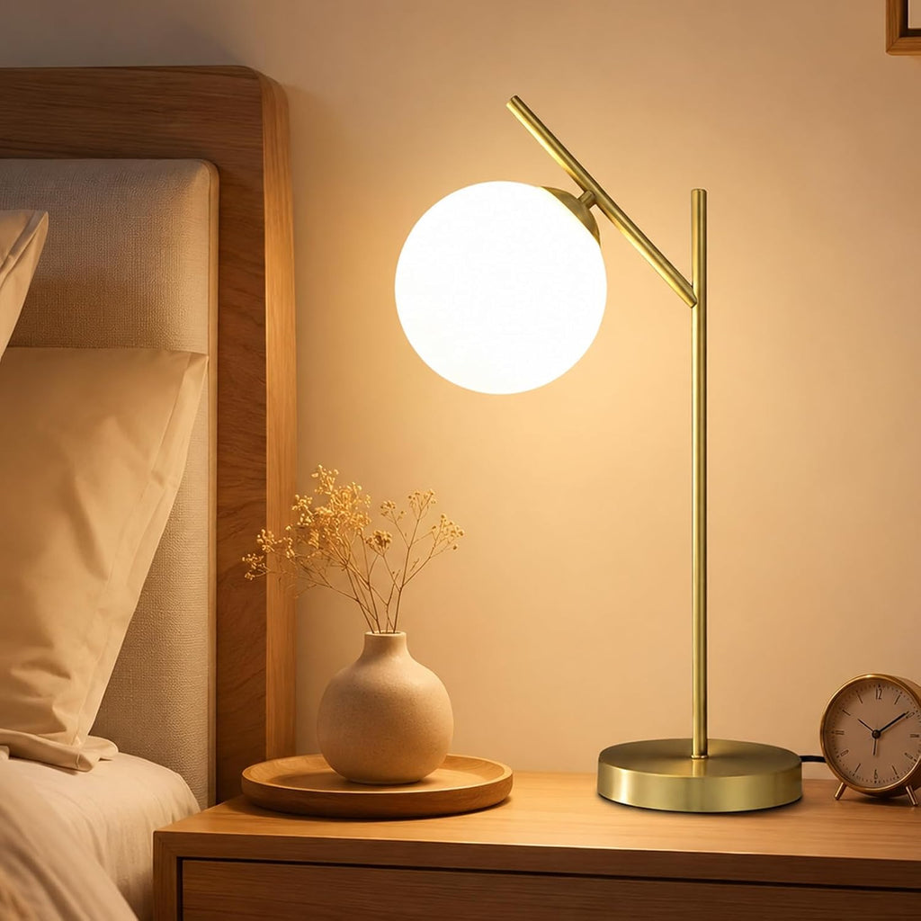 Mid Century Modern Table Lamp, 1 Light Brass Glass Globe Bedside Lamp, Contemporary Metal Table Lamp with Milky White Glass shadefor Bedroom Living Room Study Room