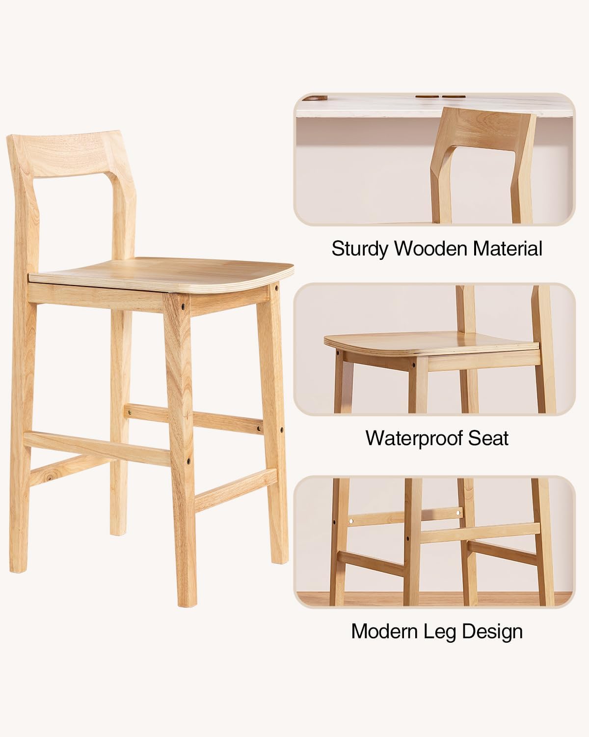 Wood Barstools Set of 4, Counter Height Bar Stools Armless Farmhouse Wooden Bar Dining Chairs with Back & Footrest for Kitchen Island Cafe Pub, Natural Oak