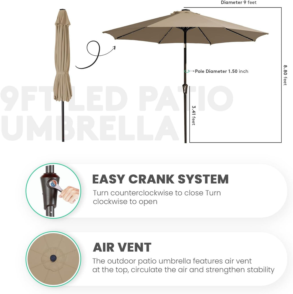 JEAREY 9' Patio Umbrella with Solar Lights, LED Umbrella, Beige