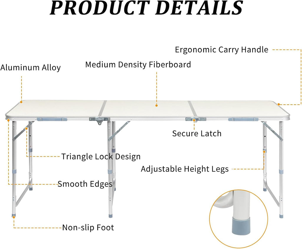 6.0 Ft Folding Portable Camping Table, White