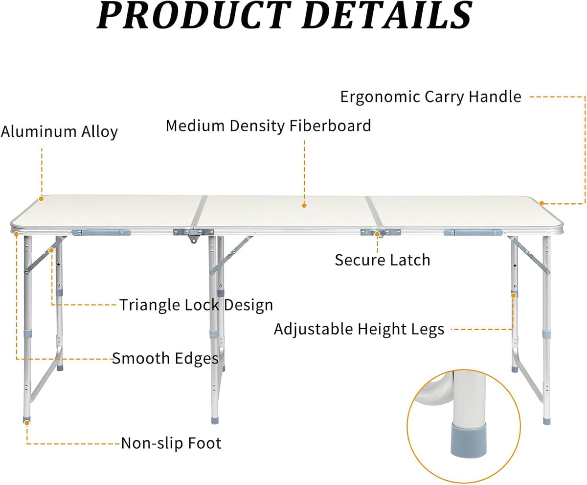6.0 Ft Folding Portable Camping Table, White