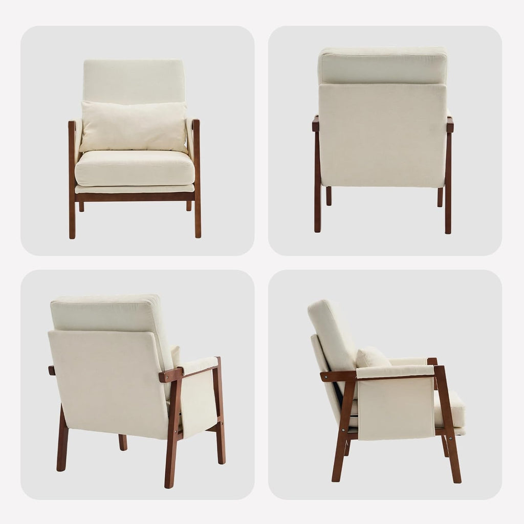 Accent Chair Mid-Century Modern Chair with Lumbar Support Pillow, Upholstered Living Room Chairs with Wooden, Chenille Armchair with Cushion, Comfy Side Chair for Bedroom, Balcony, Beige