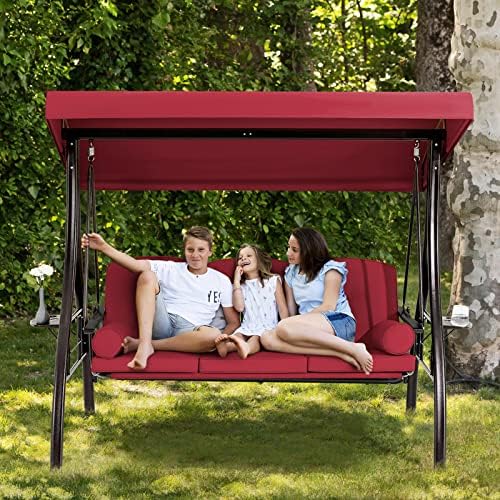 HOMREST 3 Person Porch Swing with Adjustable Canopy, Patio Swing with Stand