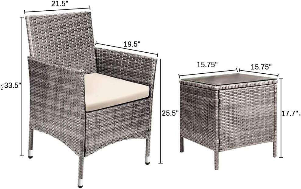 Devoko 3 Piece Patio Furniture Set Outdoor Wicker Conversation (Pale Grey)