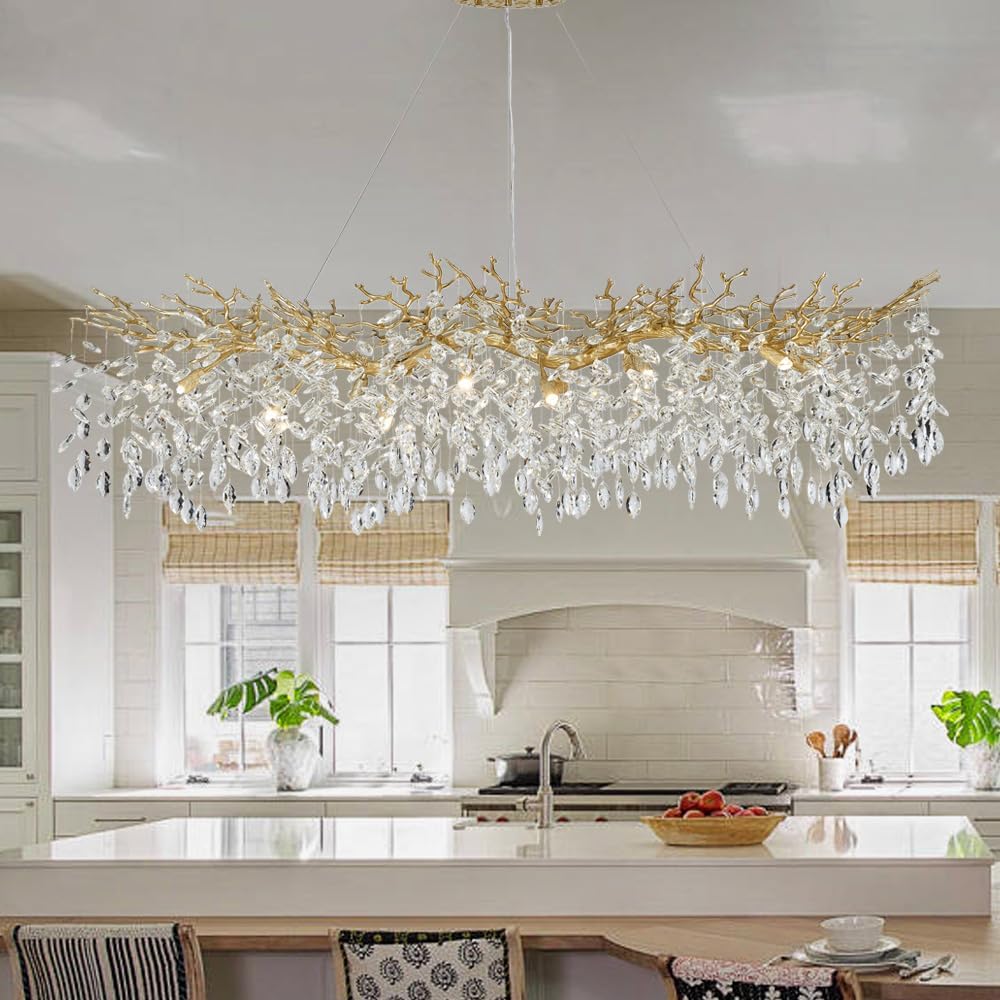 Modern Gold Crystal Chandeliers Chandeliers - L63 inch Rectangular Golden Tree Branches Ceiling Pendant Light Fixtures, Luxury K9 Raindrop for Dining Room