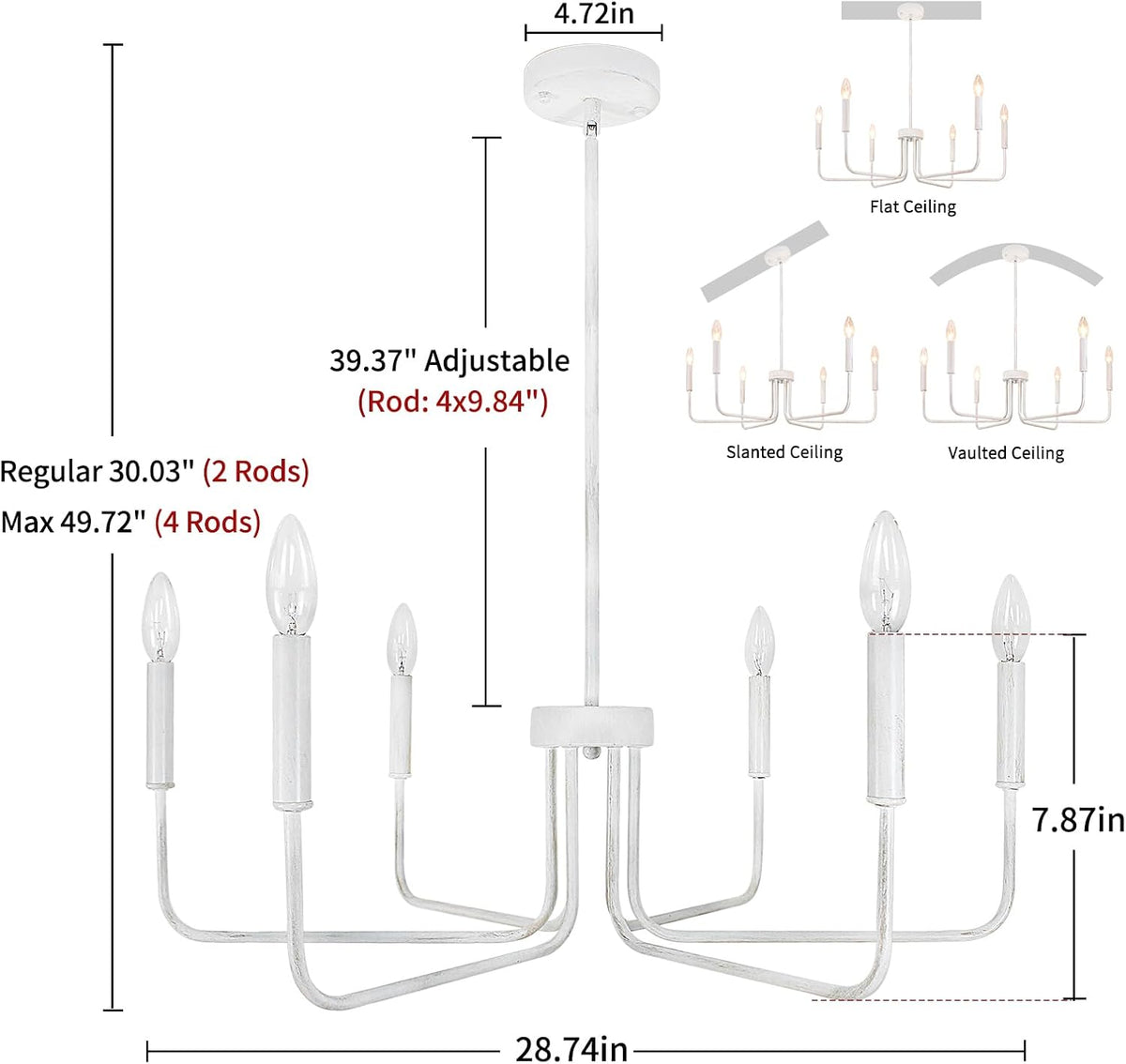 6 light french country chandelier, 28.74" white dining, side view