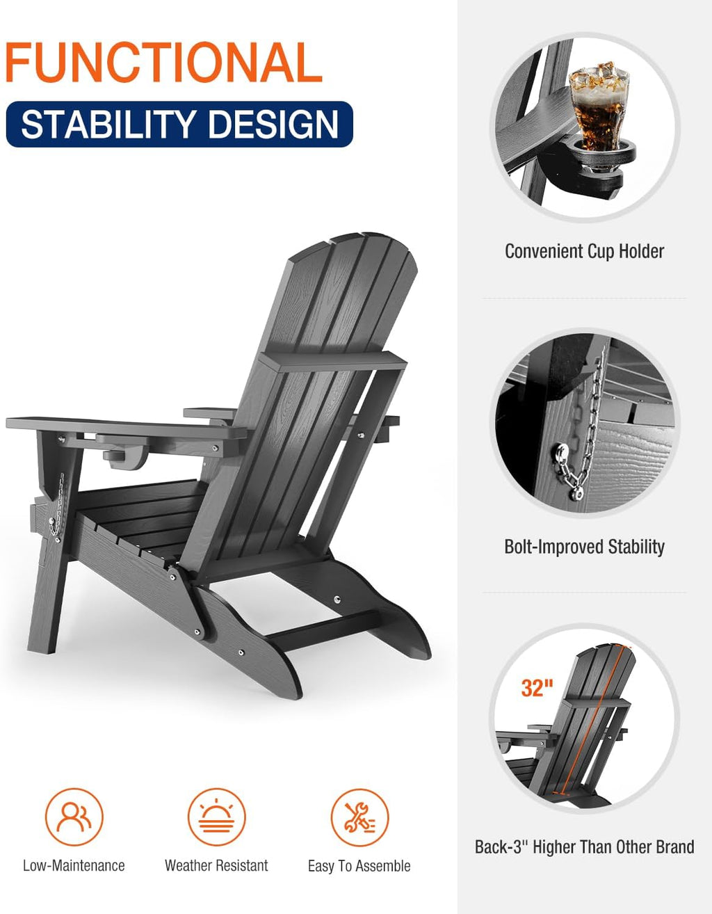 Adirondack Chair with Cup Holder: Folding Adirondack Chairs Plastic HDPE Material Furniture - Composite Fire Pit Chairs Foldable for Outdoor/Backyard/Garden/Lawn/Deck/Porch/Patio