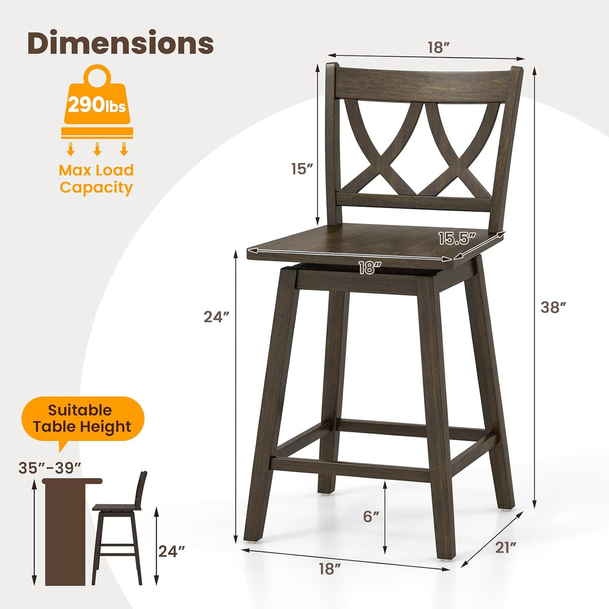 GIANTEX 24" Bar Stools Set of 2, Swivel Wooden Bar Chairs with Rubber Wood Frame, Footrest & Ergonomic Backrest, Counter Height Barstools for Kitchen Island, Restaurant & Pub, Dark Grey