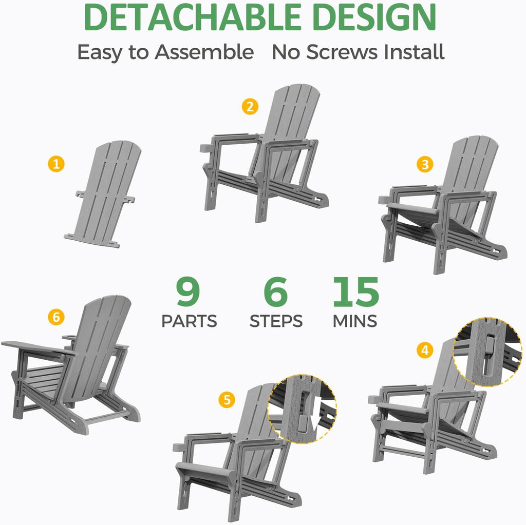 Adirondack Chair, All Weather Plastic Adirondack Chairs, Fire Pit Chairs with Cup Holder, Outdoor Lawn Chair for Patio, Garden, Backyard, Grey