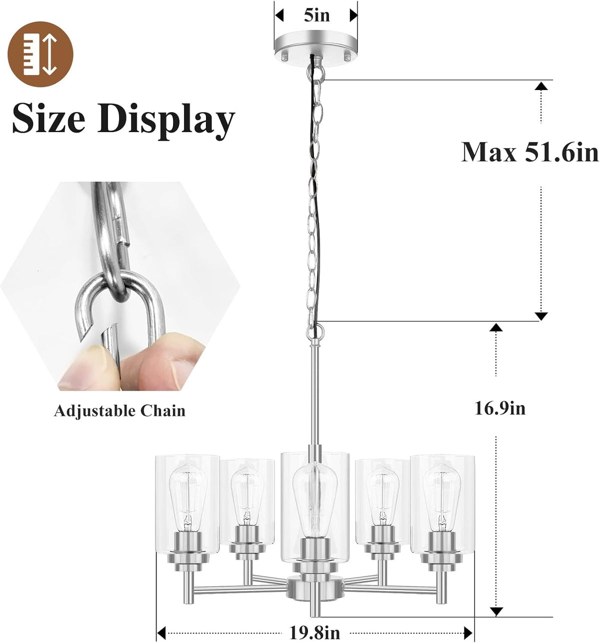 D19.8" Chandelier for Dining Room, 5-Light Light Fixture Brushed Nickel