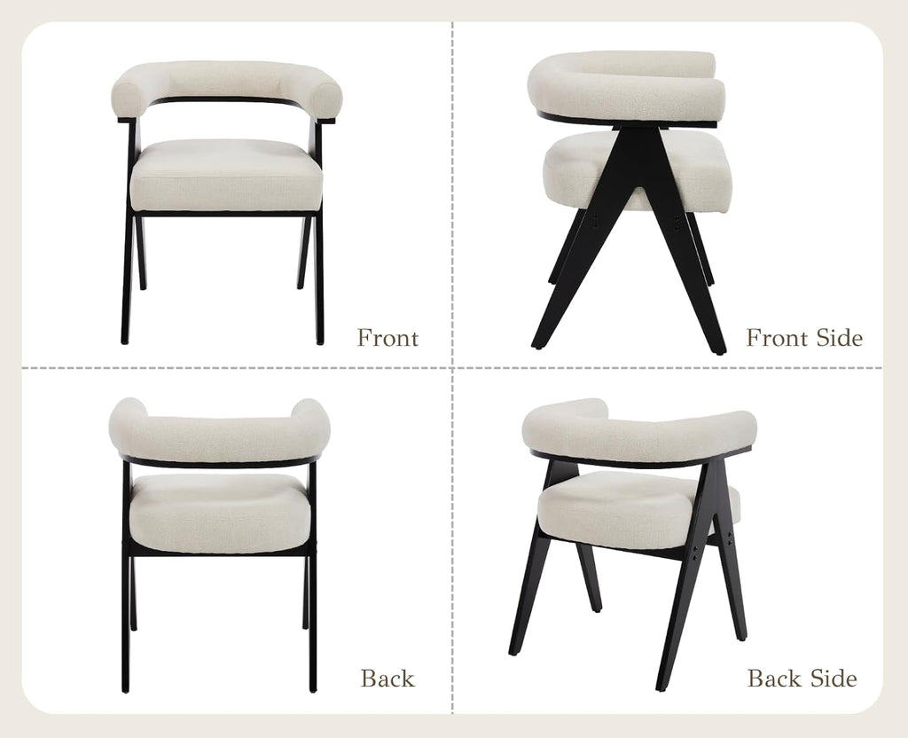 CIMOTA Barrel Wooden Dining Chairs with Arms Set of 4, Modern Fabric Upholstered Kitchen Chairs with Black Wood Legs Contemporary Armchairs Accent Side Chairs for Dining Living Room, Cream White