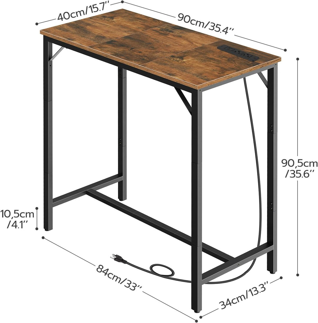 HOOBRO Bar Table with Charging Station, Rectangular Pub Table, High Top Coffee Table, Counter Bar Height Table, Narrow Long Dining Table, 35.4" L x 15.7" W x 35.6" H, Rustic Brown and Black BF90UBT01