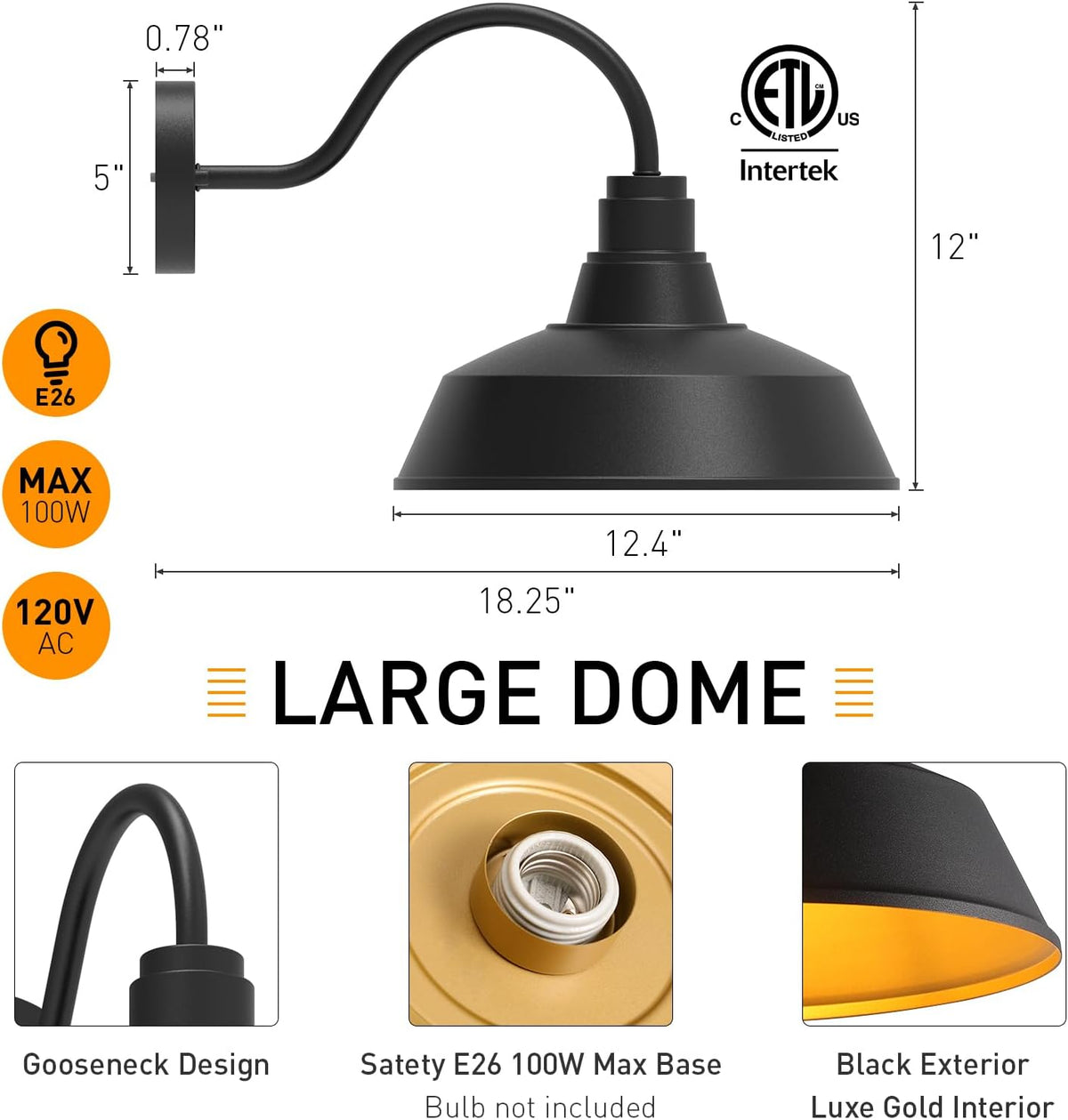 12.4" Barn Light Outdoor Lighting Wall Mount, Farmhouse Outdoor Wall Sconce Vintage Dome Gooseneck Barn Light for Porch Garage Patio, Waterproof Rustproof, 2-Pack