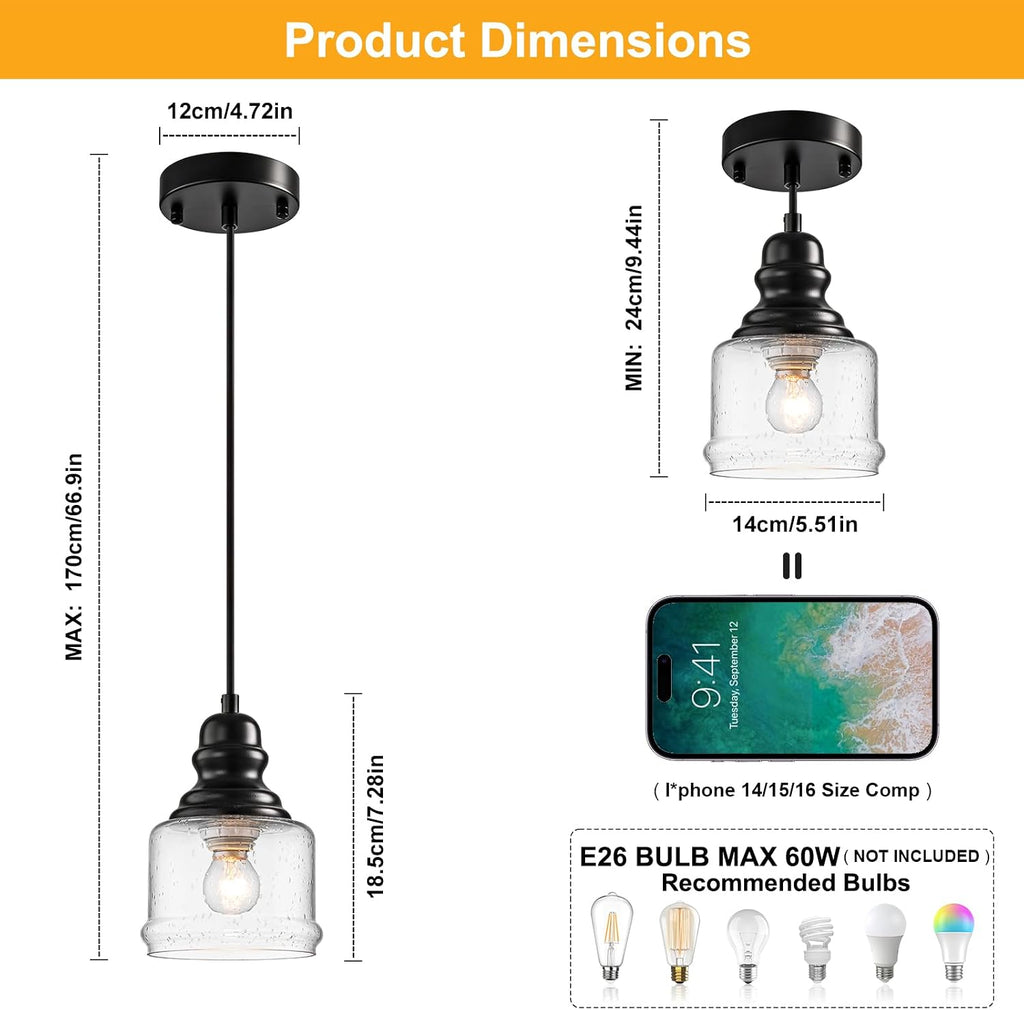 wilon industrial pendant light, 4'' black seeded glass shown in use