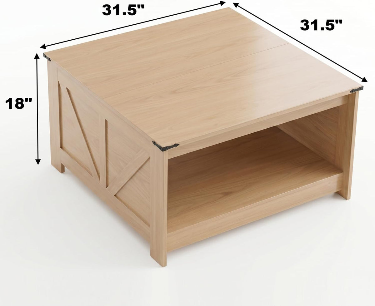 OKYCI Farmhouse Coffee Table for Living Room, Wood Square Coffee Tables, 31.5" D x 31.5" W, Natural Oak
