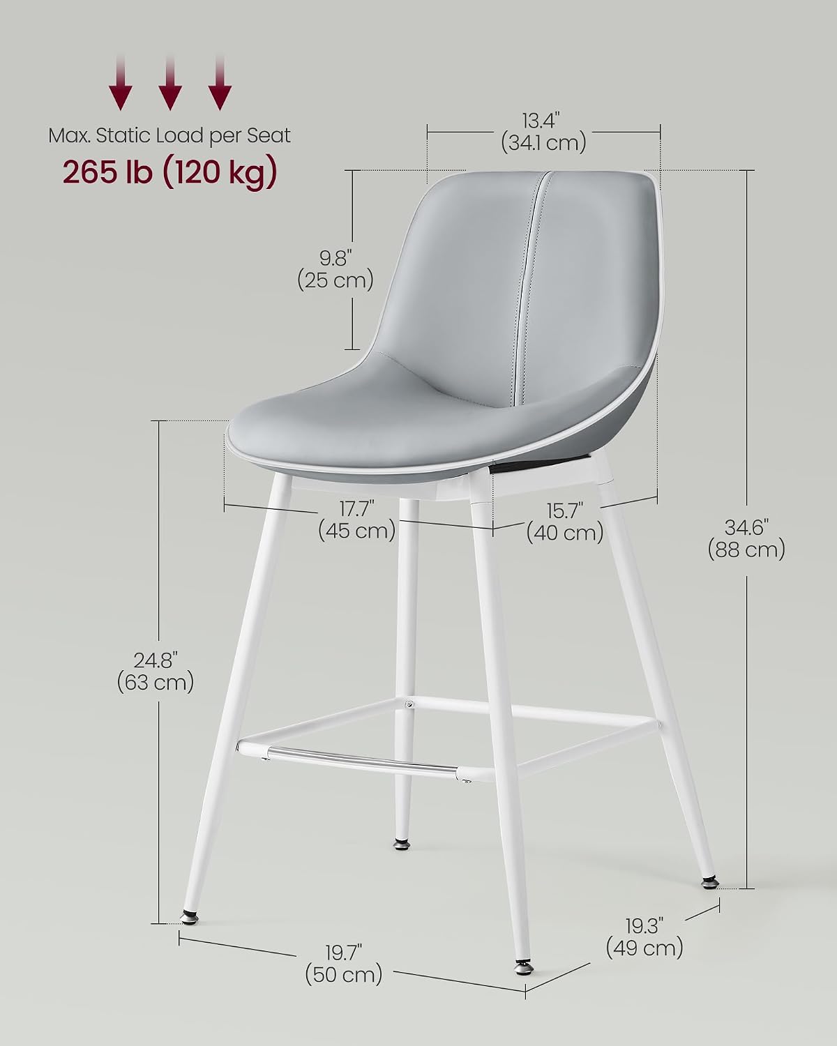 VASAGLE Bar Stools Set of 2, Counter Height, with Back, 24.8-Inch