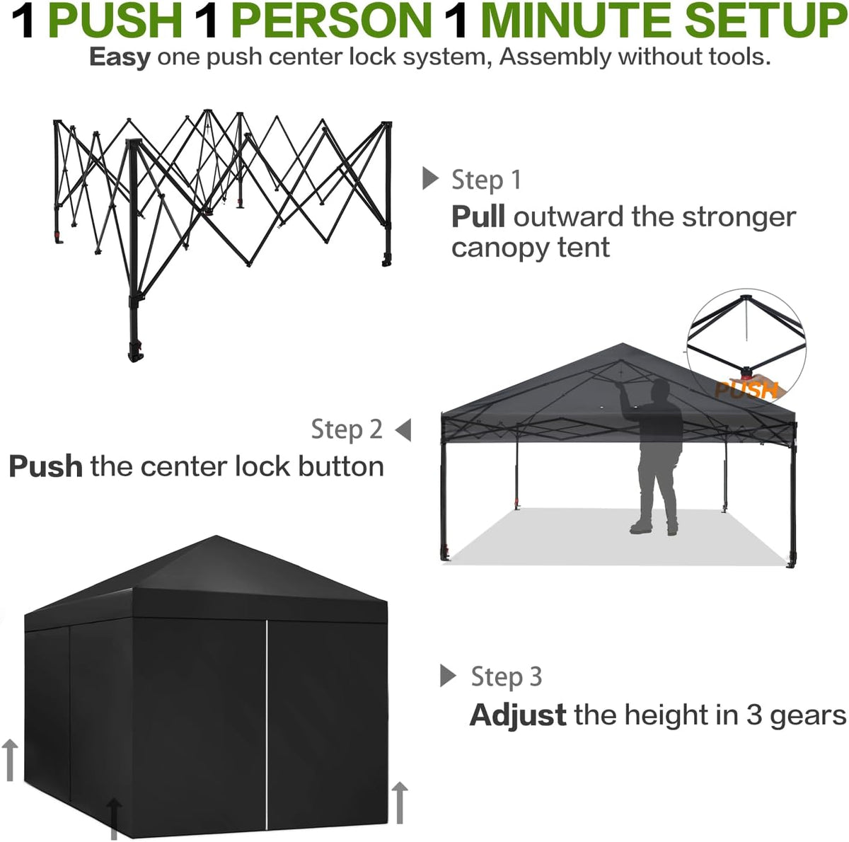 tunbne 10x10 pop up canopy tent with 4 showing dimensions