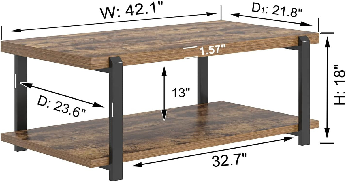 FOLUBAN Modern Coffee Table, Rustic Wood Center Table with Storage for Living Room, Industrial Rectangle 2 Tier Low Cocktail Tea Table, Rustic Brown
