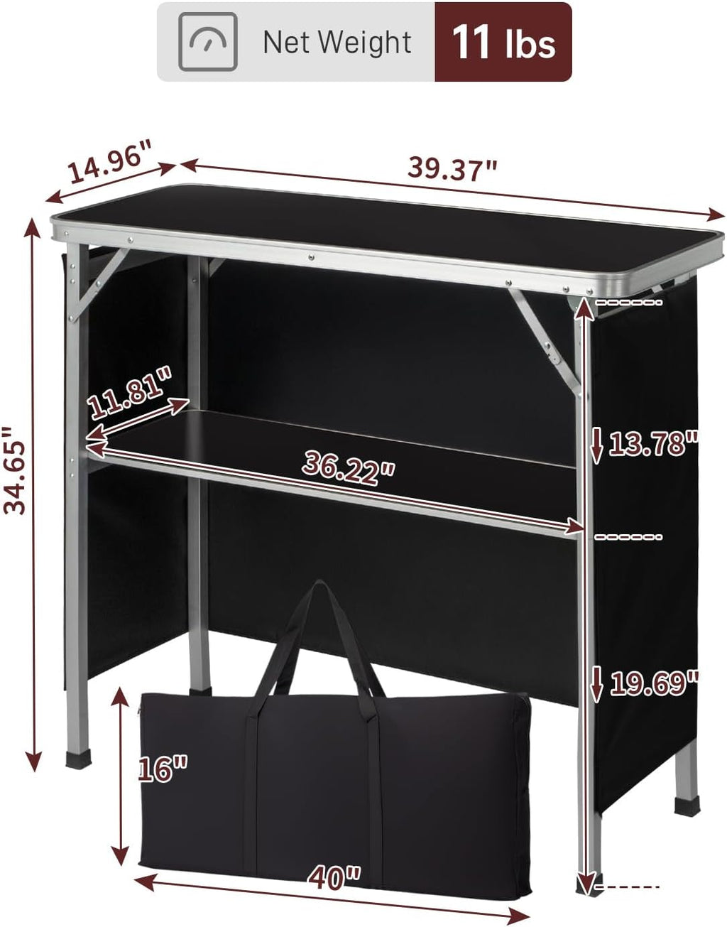 Outvita Portable Bar Table with 2 Tier Shelves & Black Skirt for Party