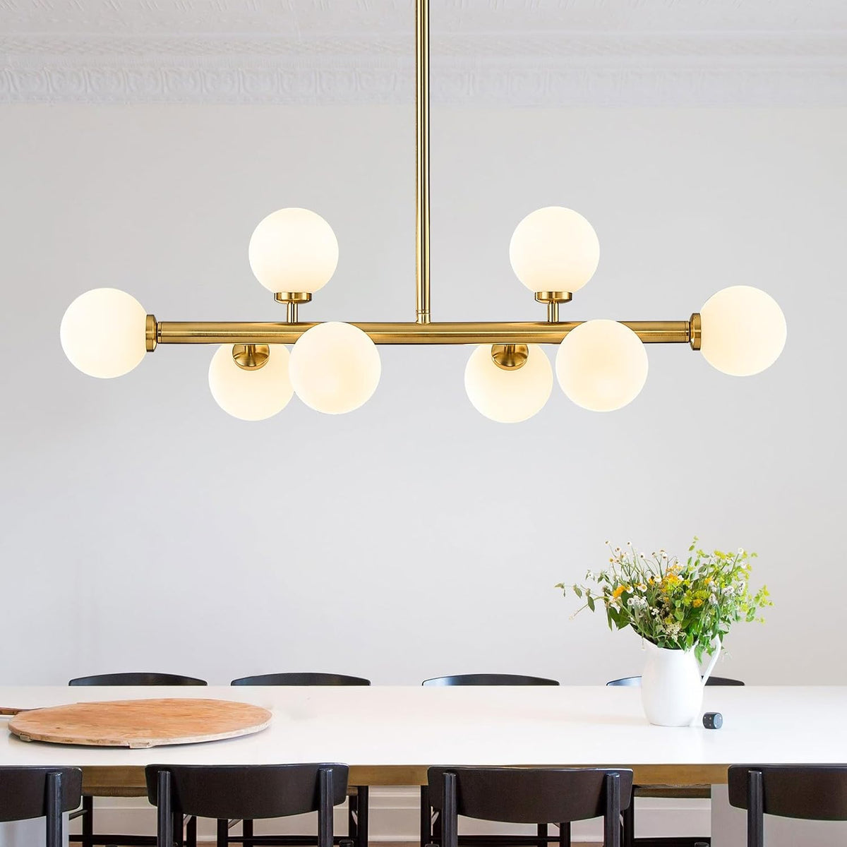 Mid Century Modern Globe Sputnik Chandelier, 8-Light Linear Chandeliers for Dining Room and Kitchen Island, Dining Light Fixture Over Table, Brass Gold and Milk White Glass Bubble, 32 Inch