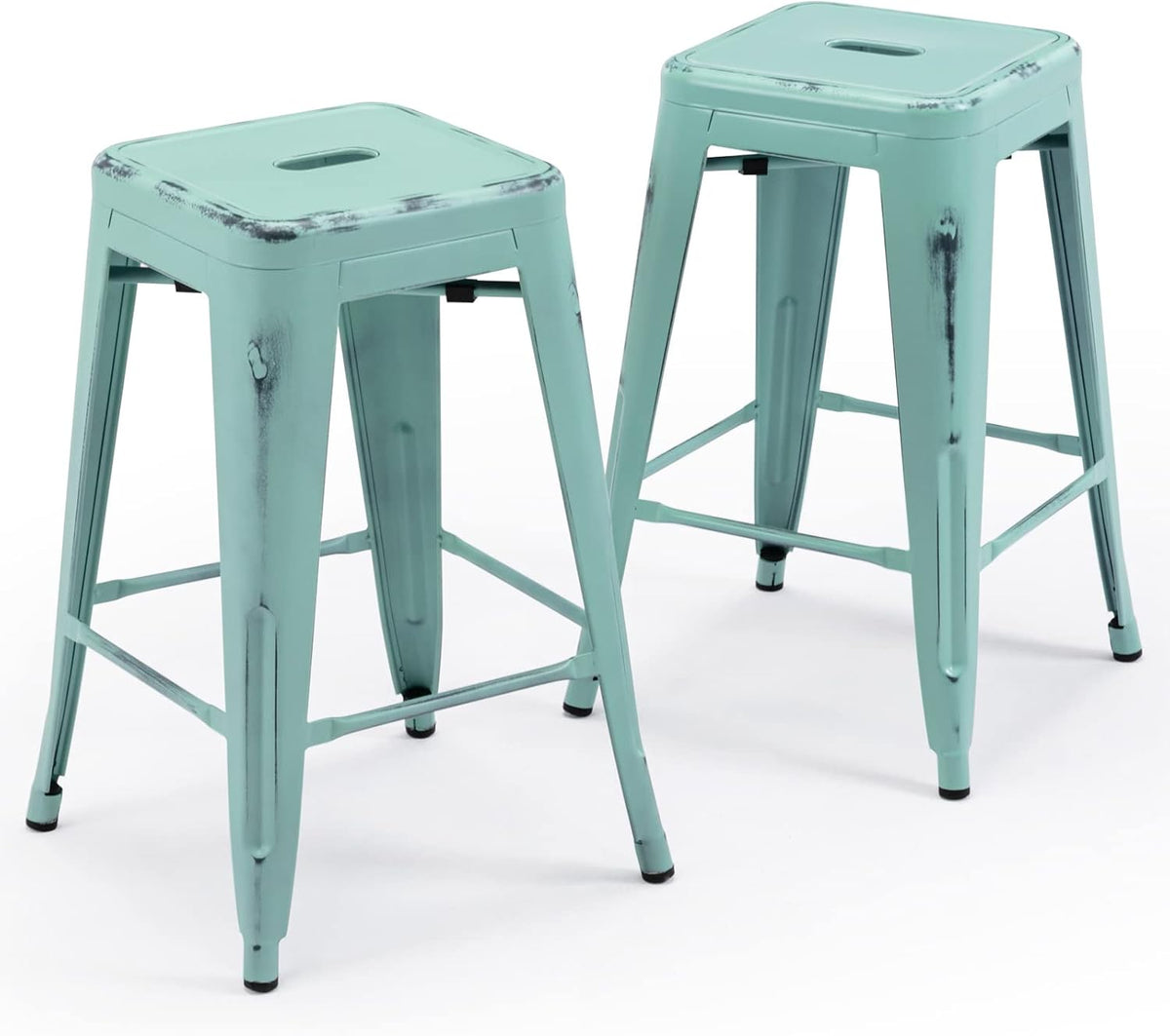 24 Inch Metal Bar Stools Set of 2, Stackable for Indoor Outdoor, Mint Green