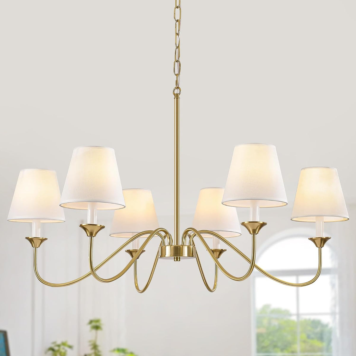 6 Lights Modern Brass Gold Chandeliers for Dining Room, Farmhouse Chandelier 35.8" Hanging Light Fixture, Adjustable Pendant Lights with White Fabric Shade for Kitchen Living Room Bedroom