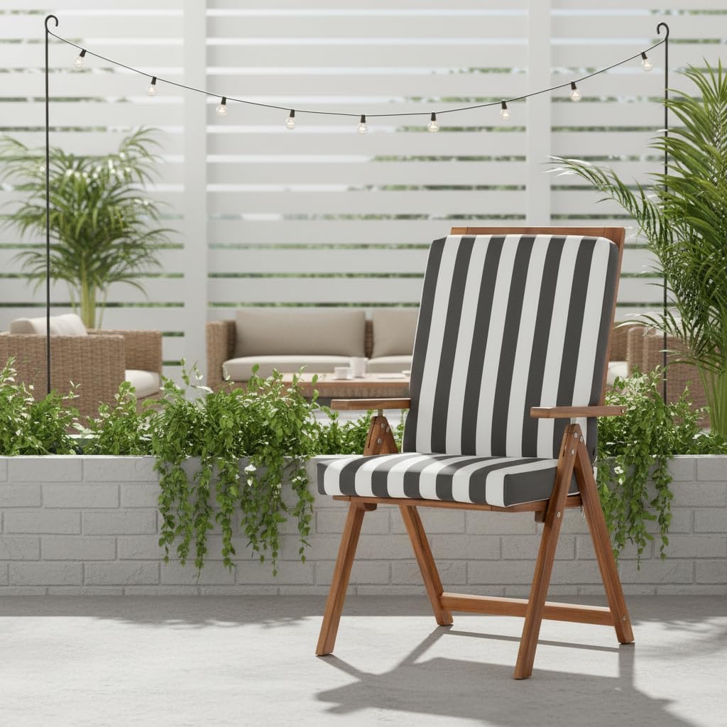 High Back Outdoor Chair Cushion – Hinged Patio Chair Pad with Removable Cover, Reversible Cushion with Ties, Durable Polyester Fabric, Eco-Friendly Recycled Polyfiber Fill, Canopy Stripe Gray