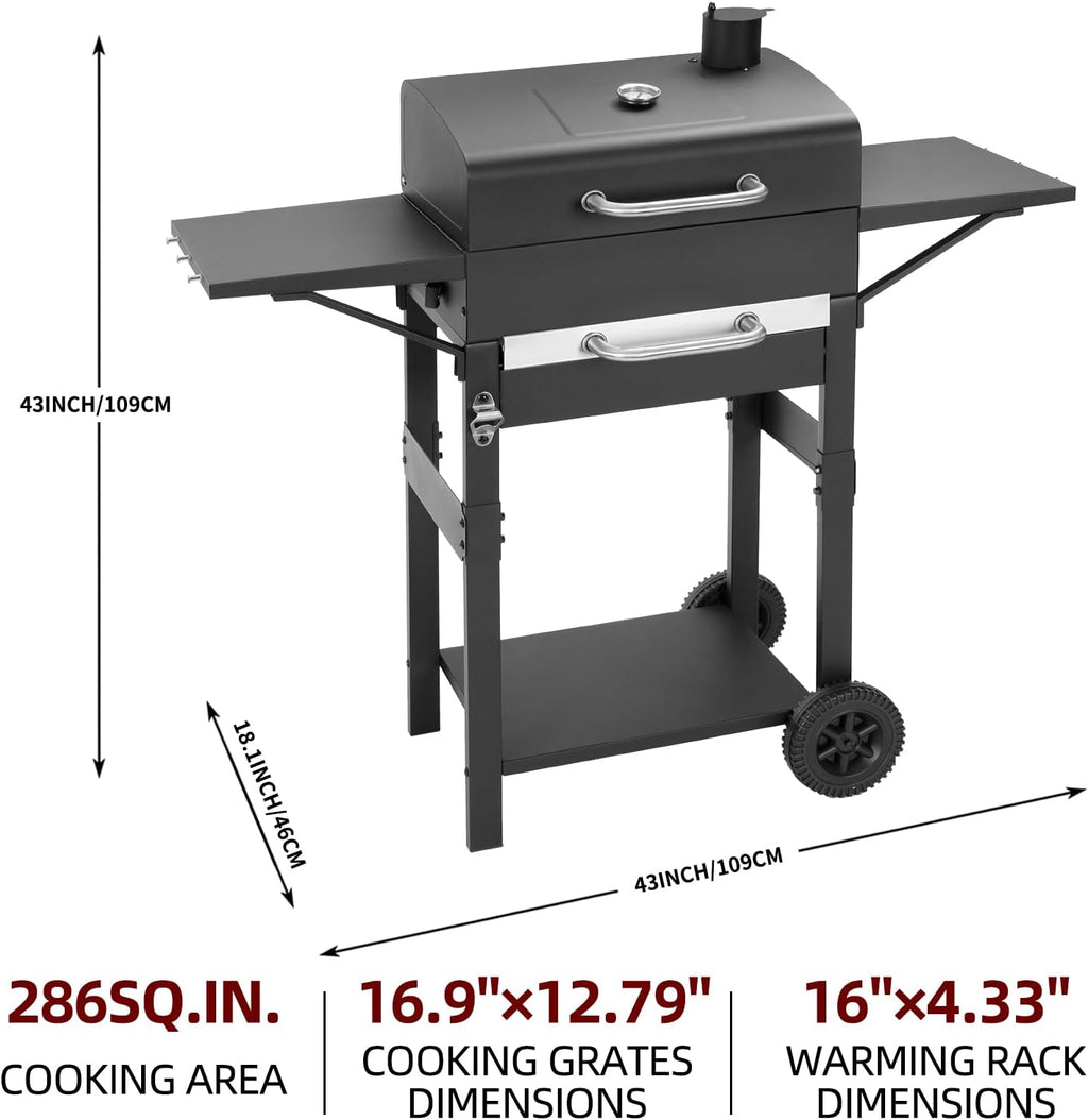 Charcoal Grill with 2 Side Tables 343 Sq.In.for BBQ Outdoor Cooking