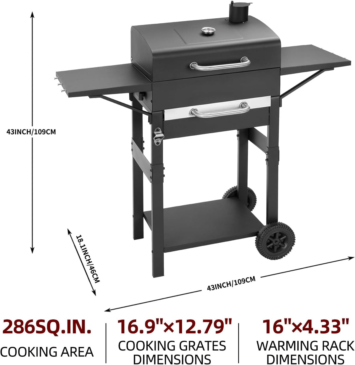 Charcoal Grill with 2 Side Tables 343 Sq.In.for BBQ Outdoor Cooking
