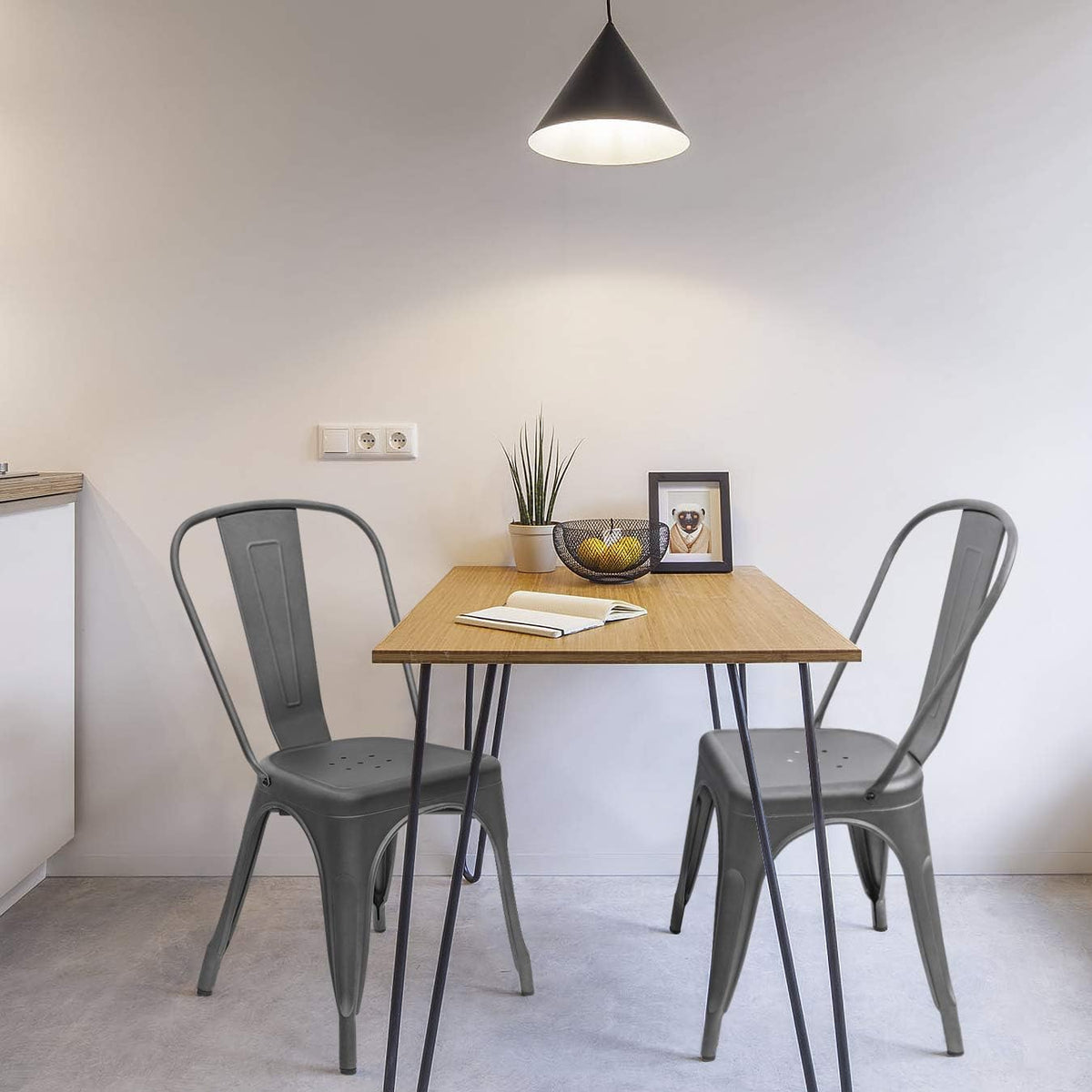 Furmax Metal Dining Chair Indoor-Outdoor Use Stackable Classic Trattoria Chair Chic Dining Bistro Cafe Side Metal Chairs Set of 4 (Gray)