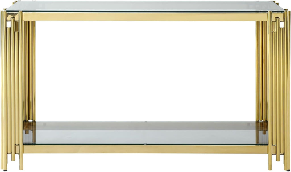 Modern Glass Console Table, 55" Gold Sofa Table with Sturdy Metal Frame and Clear Tempered Glass Top, for Living Room Entryway Bedroom, Gold Finish (Gold4)