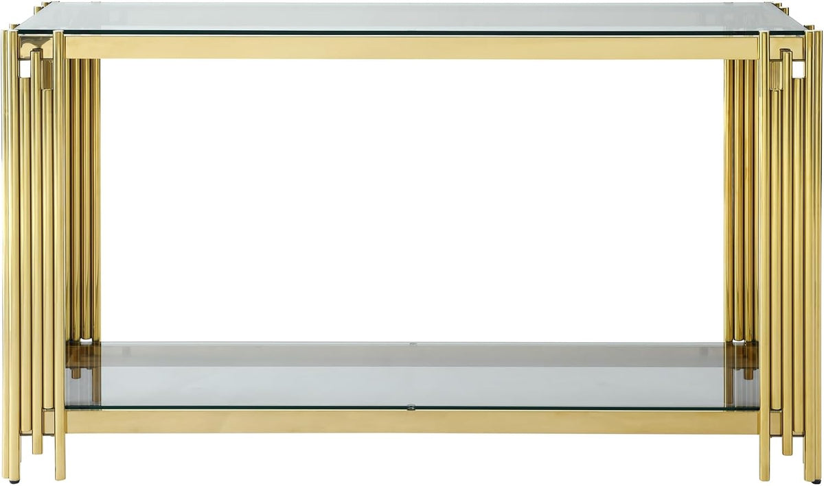 Modern Glass Console Table, 55" Gold Sofa Table with Sturdy Metal Frame and Clear Tempered Glass Top, for Living Room Entryway Bedroom, Gold Finish (Gold4)