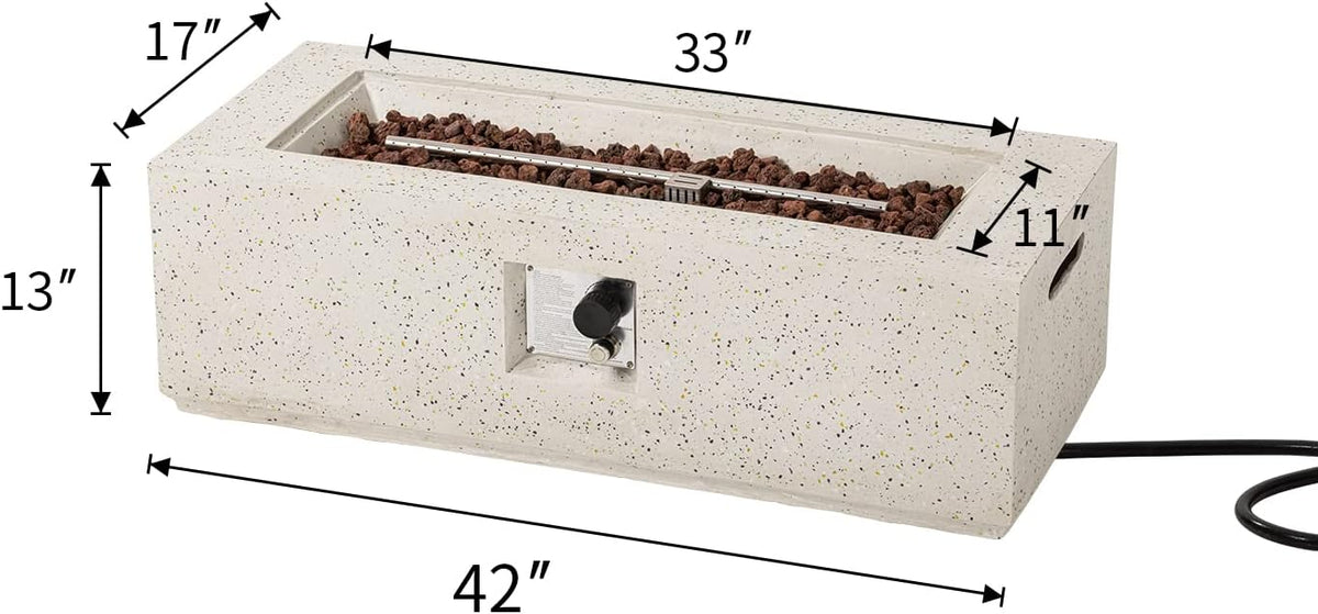 COSIEST Outdoor Fire Pit Coffee Table, 42-inch x 13-inch Terrazzo Rectangle Base Patio Heater w Certified, 50,000 BTU Stainless Steel Burner, Free Lava Rocks and Rain Cover