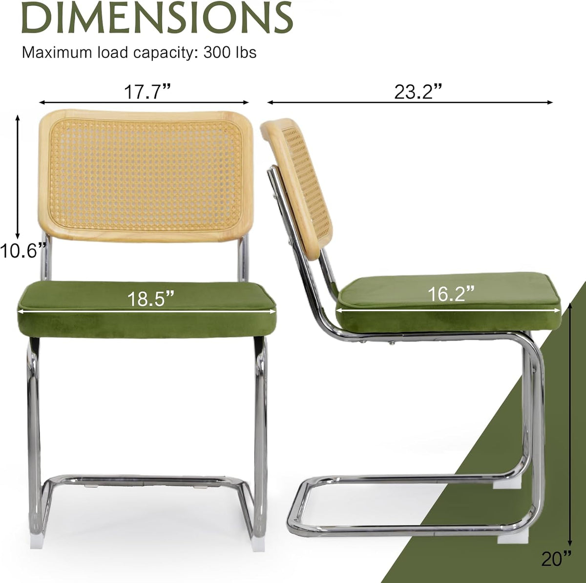 Rattan Dining Chairs Set of 6,Velvet Cushion Kitchen Cesca Chairs,Green