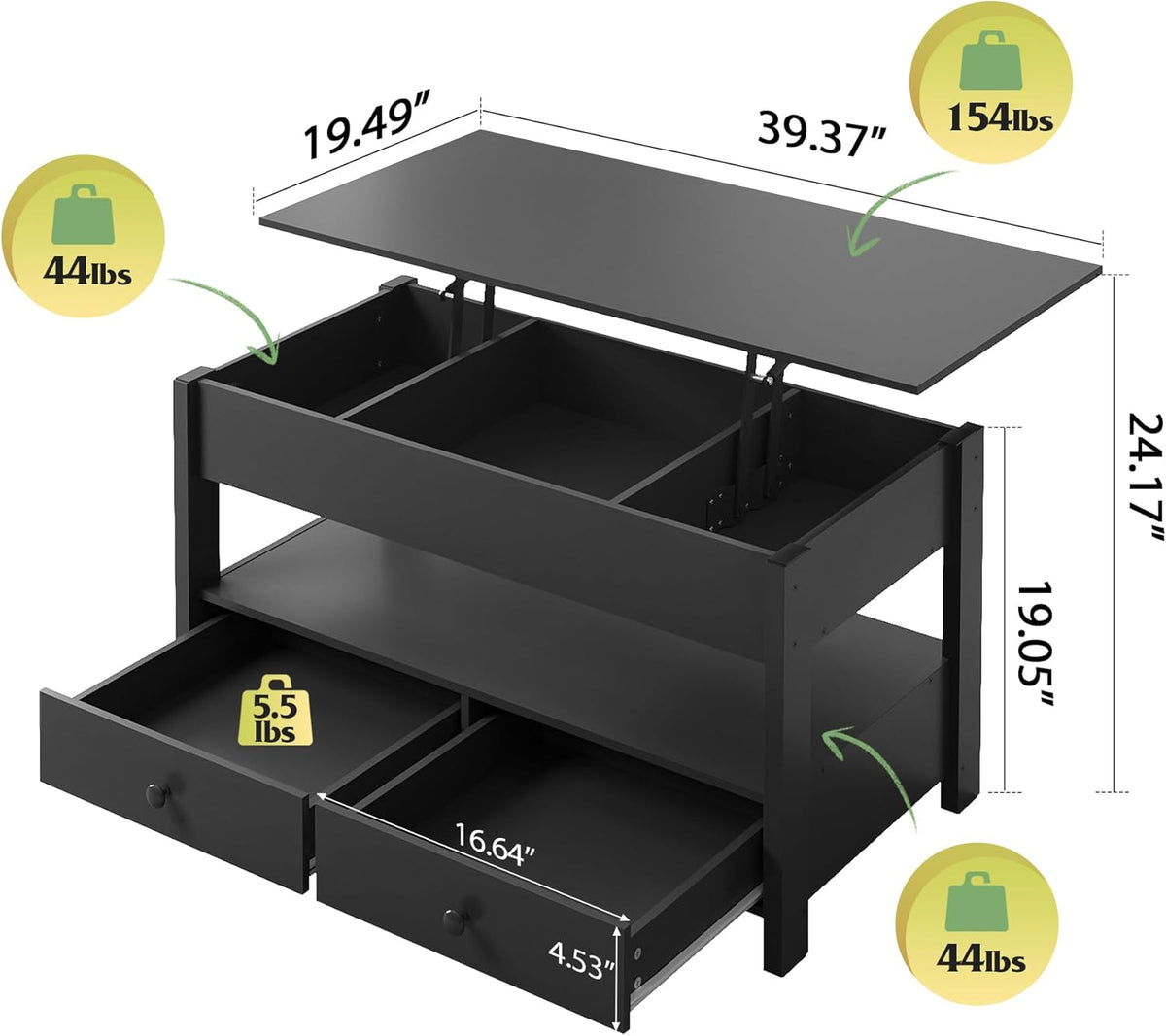 WLIVE Lift Top Coffee Table with 2 Drawers, Black