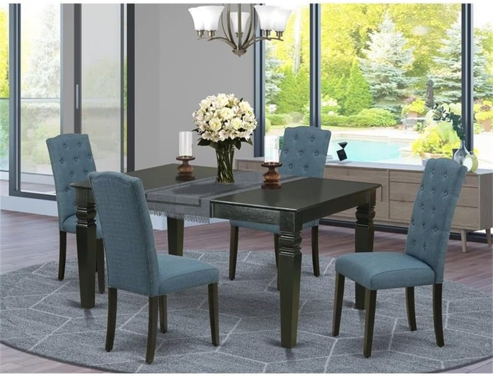 East West Furniture WECE5-BLK-21 5 Piece Dining Room Set Includes a Rectangle Wooden Table with Butterfly Leaf and 4 Mineral Blue Linen Fabric Parson Dining Chairs, 42x60 Inch, Black