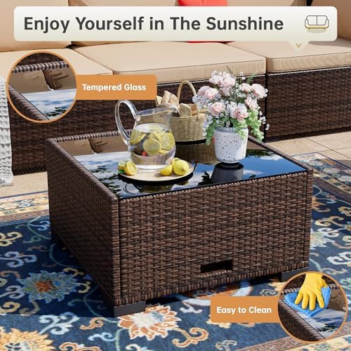 LHBcraft 7 Piece Outside Sectional Furniture Set, All Weather Wicker Patio Sofa, Outdoor Sectional Balcony Furniture with Beige Cushion & Glass Coffee Table