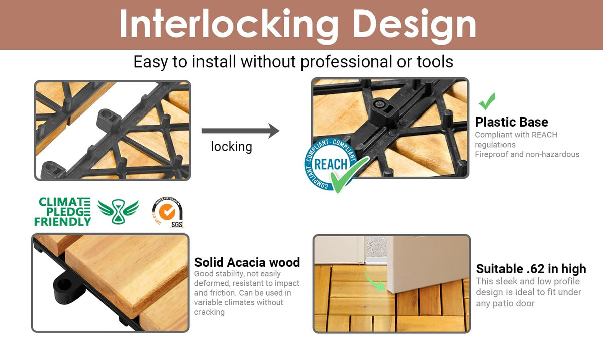 PrimeZone 27 PCS Solid Acacia Wood Interlocking Patio Deck Tiles Outdoor