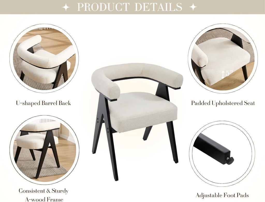 CIMOTA Barrel Wooden Dining Chairs with Arms Set of 4, Modern Fabric Upholstered Kitchen Chairs with Black Wood Legs Contemporary Armchairs Accent Side Chairs for Dining Living Room, Cream White