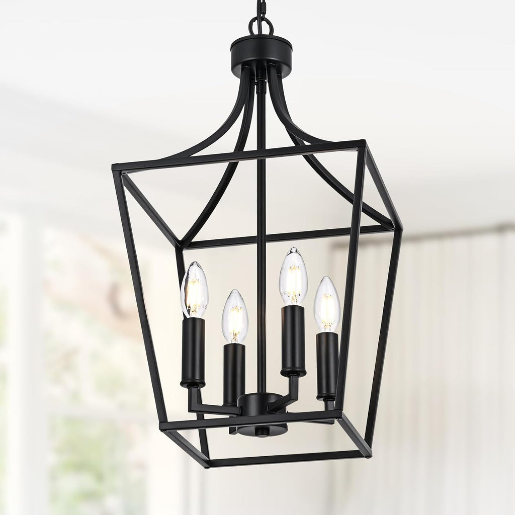4-Light Farmhouse Lantern Chandelier, Black Pendant Light Fixture Adjustable Height for Kitchen Island Dining Room Foyer, Hanging Ceiling Lighting E12 Bulb Base