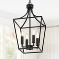 4-Light Farmhouse Lantern Chandelier, Black Pendant Light Fixture Adjustable Height for Kitchen Island Dining Room Foyer, Hanging Ceiling Lighting E12 Bulb Base
